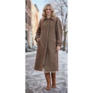 Vintage 1990s Krizia Tweed Trenchcoat Long Wool Overcoat Brown Preppy Minimalist